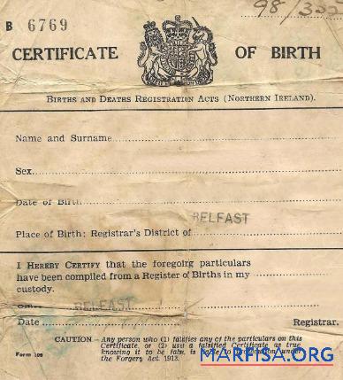 Blank Northern Ireland Registrar of Births and Deaths birth certification template